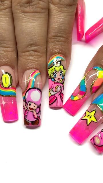 Mario Kart Rainbow Road Nails, Rainbow Road Nails, Mario Nail Designs, Mario Kart Nails, Yoshi Nails, Super Mario Nails, Mario Nails, 90s Cartoon Nails Acrylic, Graffiti Nails