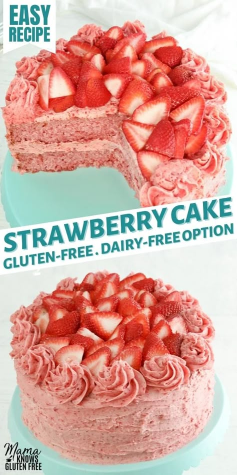 gluten-free strawberry cake on a blue cake plate Gluten Free Strawberry Cake With Jello, Dairy Free Gluten Free Birthday Cake, Dairy Free Strawberry Frosting, Gluten Free Strawberry Bundt Cake, Easy Dairy Free Cake Recipe, Low Calorie Strawberry Cake, Healthy Strawberry Cake Clean Eating, Gluten And Dairy Free Strawberry Cake, Easy Gluten Free Strawberry Cake