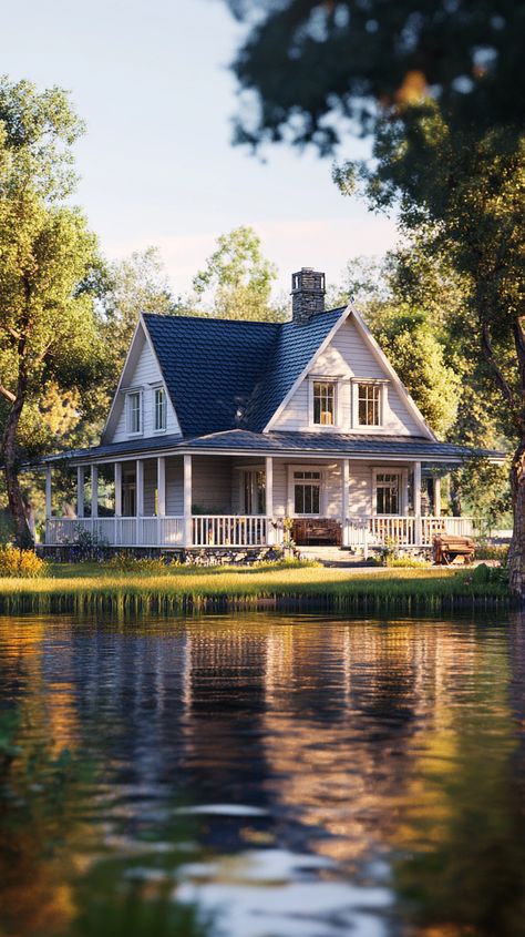 Charming Riverside Cottage with a Wrap Around Porch Country Home Wrap Around Porch, Home Wrap Around Porch, House With Wrap Around Porch, Riverside Cottage, White Porch, England Countryside, Cozy Nooks, Peaceful Living, Dream Cottage