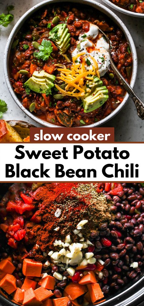 Slow Cooker Sweet Potato Black Bean Chili makes for the ultimate cold weather comfort dish. With the perfect balance of sweetness and spice, this slow cooker recipe will make its way into your winter staples with just one bite. #slowcookerchili #crockpotchili via @https://www.pinterest.com/jamievespa/ Sweet Potato Black Bean Soup Slow Cooker, Fall Slow Cooker Recipes Vegetarian, Sweet Potato Veggie Chili, Vegetarian Chili Crock Pot Sweet Potato, Black Bean Slow Cooker, Vegan Chili Recipe Sweet Potato, Sweet Potato Crockpot Chili, Vegetarian Chili Recipe Slow Cooker, Crockpot Vegan Chili Recipe