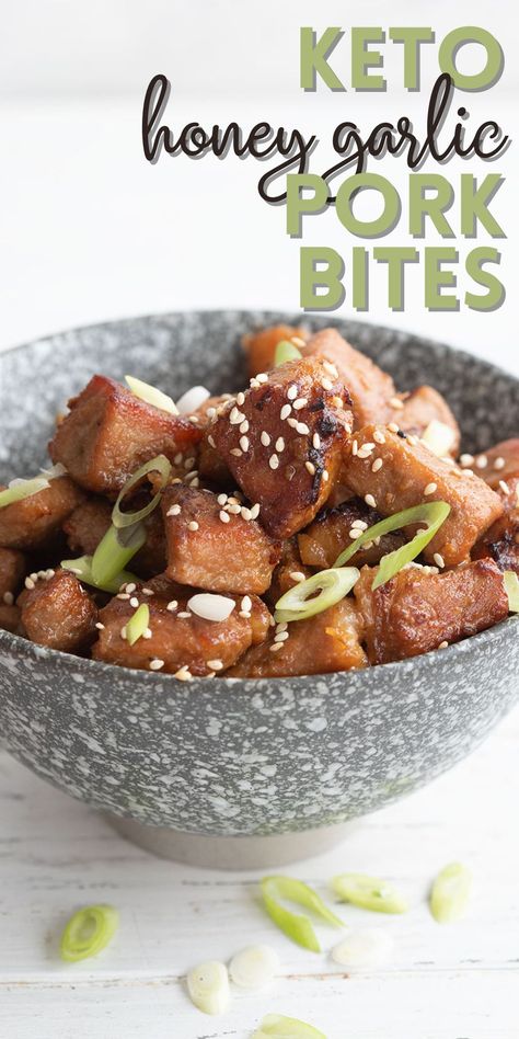 Ready in under 30 minutes, these easy pork bites are an easy appetizer or weeknight dinner. They’re succulent and tender, and tossed with a delicious keto “honey” garlic sauce. Honey Garlic Pork Bites, Garlic Pork Bites, Carolyn Ketchum, Keto Honey, Keto Entrees, Honey Garlic Pork, Pork Bites, Keto Pork, Low Carb Meats