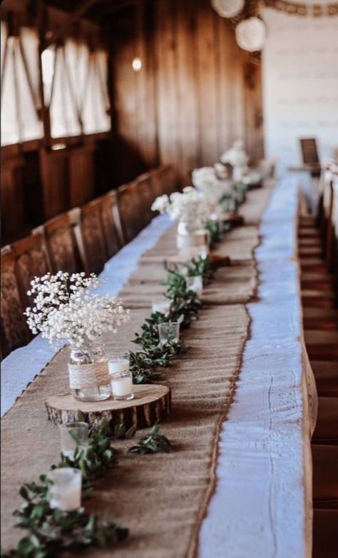 Wedding Ideas Farm Rustic, Farm Wedding Table Decorations, Rustic Table Settings Wedding, Table Decorations Rustic Wedding, Simple Country Wedding Table Decor, Farm Wedding Shower Ideas, Simple Centerpiece Wedding Rectangle Table, Rustic Farm Wedding Reception, Turning Garage Into Wedding Reception