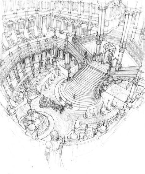 Opera In Paris, Chen Xiao, Architecture Design Sketch, Perspective Art, Architecture Drawing Art, Fantasy Worlds, Architectural Drawing, Grand Staircase, Architecture Sketch