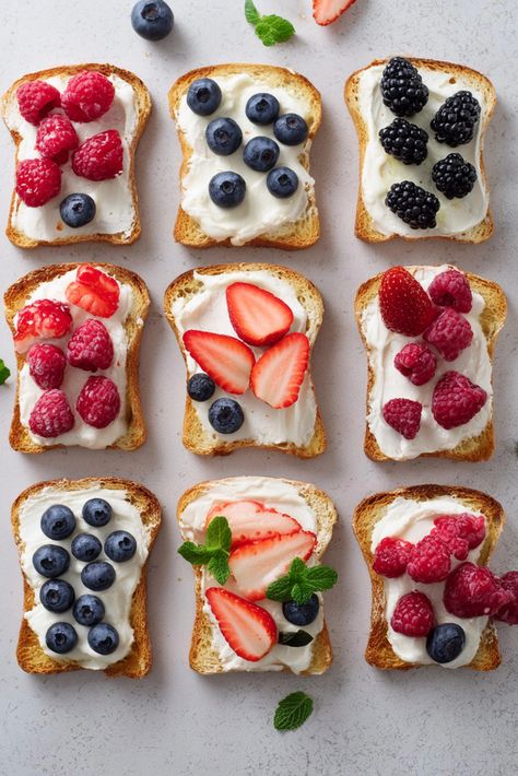 Simple yet impressive, these roasted berry and ricotta crostini are a perfect appetizer for parties and brunches, breakfast or a light snack. With roasted assorted fresh berries – strawberries, blueberries, and raspberries – honey sweetened ricotta and crispy bread, they are hard to resist. Vegetarian with dairy free option. This toast is not only delicious but also visually appealing, making it a perfect addition to your morning routine. Berry Toast, Blueberries And Raspberries, Ricotta Crostini, Crispy Bread, Impressive Appetizers, Ricotta Toast, Banana Toast, Cranberry Almond, Raspberry Recipes