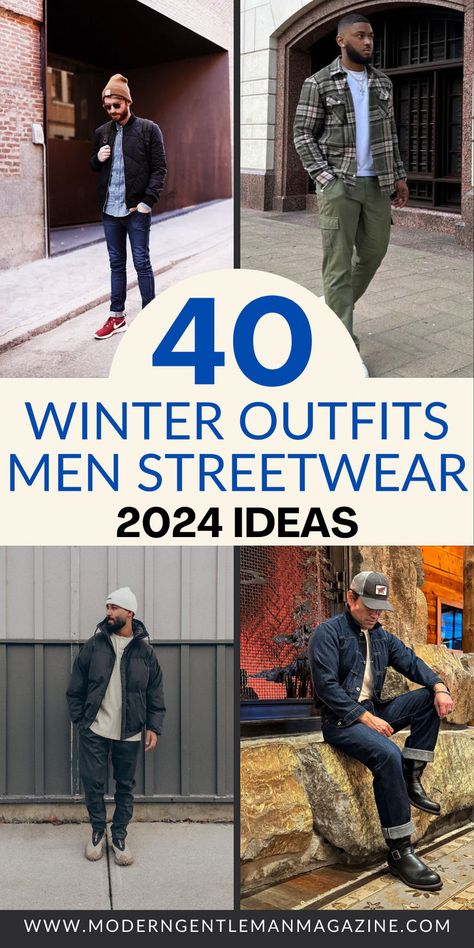 Explore 40 trendy winter streetwear outfit ideas for men, perfect for urban fashion lovers. Stay on trend this winter! #Streetwear #WinterOutfits #MensFashion Street Winter Fashion, Men's Casual Outfits Winter, Winter Streetwear Outfits, Winter Outfits Casual Cold, Blue Jeans Outfit Men, Mens Street Style Winter, Winter Outfits Men Streetwear, New York Winter Outfit, Cropped Straight Leg Jeans