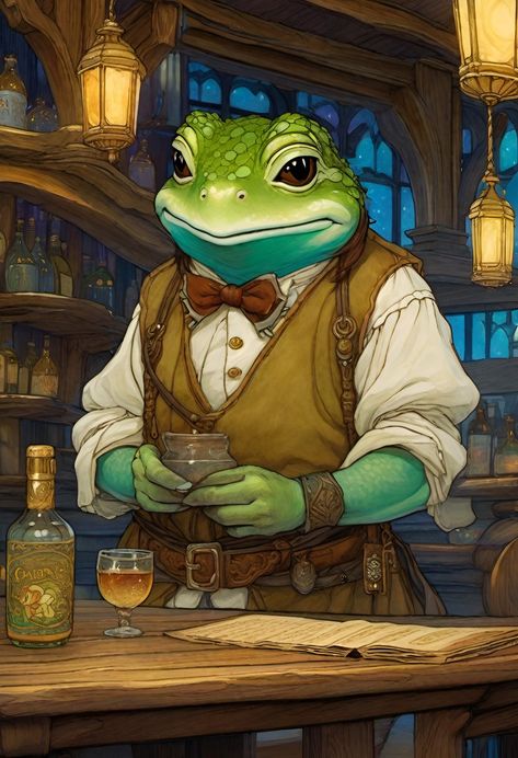 Dnd Octopus Race, Dnd Tavern Keeper Art, Frog People Dnd, Fish Folk Dnd, Goblin Bartender, D&d Shopkeeper, Female Frog Character, Tavern Character Design, Bartender Fantasy Art