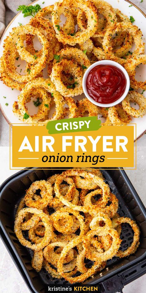 These Air Fryer Onion Rings are deliciously crispy and perfectly seasoned! With this easy onion ring recipe, you'll never go back to deep fried onion rings. Air Fried Onion Rings, Air Fryer Onion Rings Recipe, Air Fryer Onion Rings, Fried Onion Rings, Onion Rings Recipe, New Air Fryer Recipes, Air Fryer Recipes Snacks, Air Fryer Cooking Times, Cooks Air Fryer