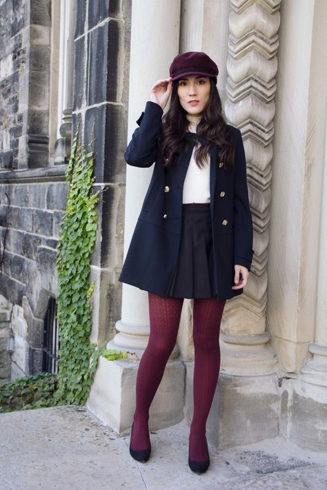 Burgundy Tights Outfit, Cabby Hat, Colorful Tights, Burgundy Tights, Colored Tights Outfit, Tights Outfits, Red Tights, Burgundy Outfit, Navy Coat