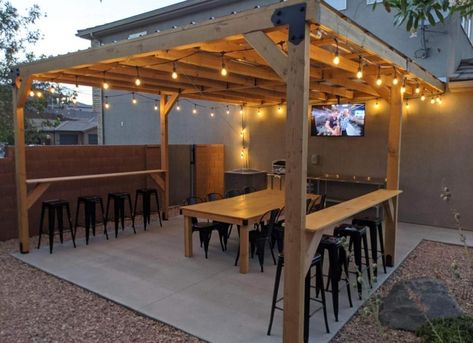 Pergola Table Ideas, Bar On Pergola, Gazebo With Bar Ideas, Pergola Patio With Bar, Pergola With Bar Counter, Pergola Patio Bar, Patio With Bar Area, Gazebo Bar Ideas Backyards, Gazebo Bar Counter