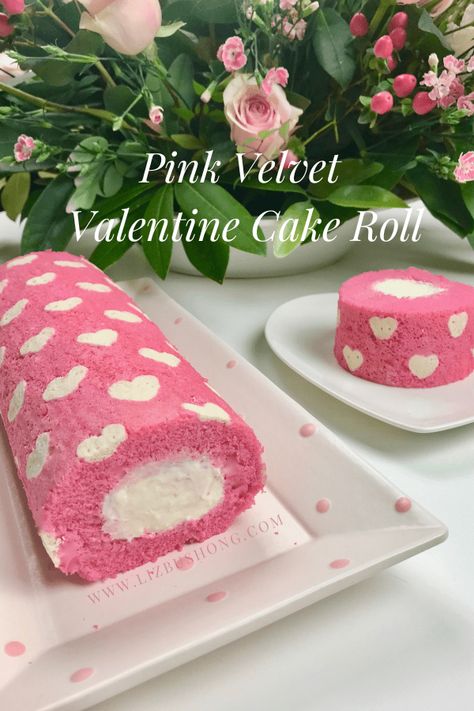 Pink Velvet Cake Roll, Valentines Cake Roll Recipes, Valentine Cake Roll, Heart Roll Cake, Valentine Roll Cake, Valentines Day Dessert Recipes, Rolled Cakes With Designs, Heart Cake Roll, Valentines Day Cakes Ideas