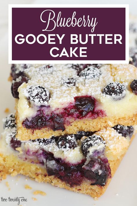 This blueberry gooey butter cake is so flavorful! The perfect blueberry dessert! #blueberry #gooeybuttecake #dessert #recipe Blueberry Butter Cake Recipe, Gooey Butter Cake Variations, Blueberry Cake With Box Cake, Blueberry Yellow Cake Mix Recipe, Blueberry Cake Mix Recipes, Ooy Gooy Butter Cake, Butter Cake Gooey, Blueberry Gooey Butter Cake, Blueberry Butter Cake