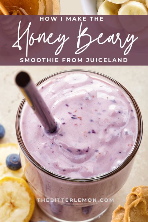 How to Make the ‘Honey Beary’ Smoothie from Juiceland. Juiceland Smoothies Recipes, Animal Based Smoothie, Unique Smoothie Recipes, Smoothie With Honey, Unique Smoothies, Açai Bowls, Plant Based Smoothies, Paleo Recipies, Honey Smoothie