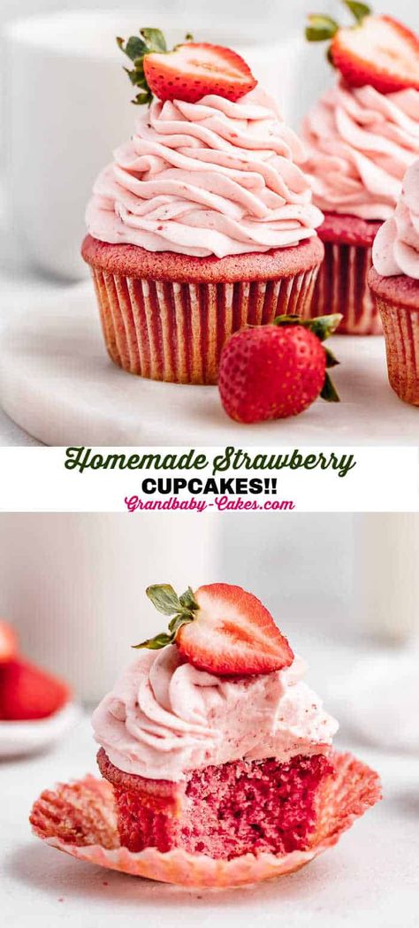 Homemade Strawberry Cupcakes, Fresh Strawberry Cupcakes, Strawberry Cupcake Recipes, Homemade Cupcake Recipes, Delicious Cupcakes Recipes, Strawberry Buttercream Frosting, Strawberry Cake Recipes, Homemade Cupcakes, Torte Cupcake