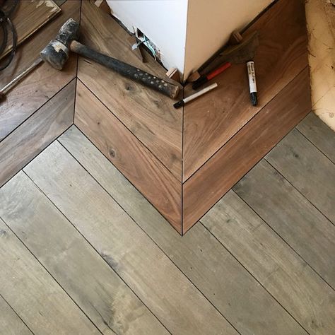 Wood Floor With Border, Floor With Border, Walnut Flooring, Walnut Floors, Grey Stain, Natural Walnut, House Inspo, Signature Design, Wood Floors