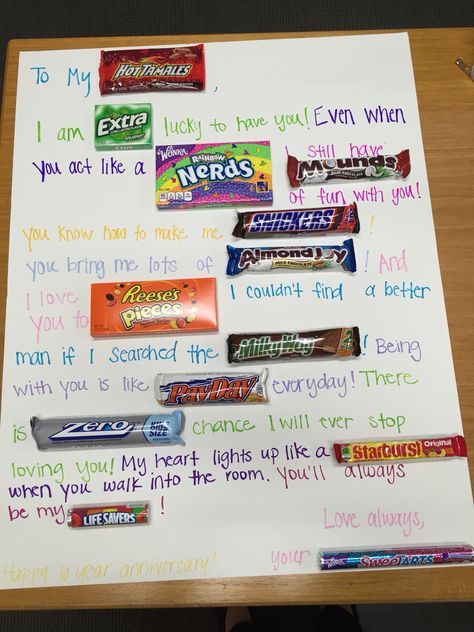 Candy gram poster for my husband for our 6 year anniversary. Birthday Candy Poster Boyfriend, Birthday Candy Poster For Husband, Candy Anniversary Poster, Candy Poster Board Anniversary, Anniversary Candy Poster, Candy Poster Board For Boyfriend, Anniversary Candy Bar Poster, Poster Ideas Diy, Birthday Candy Grams