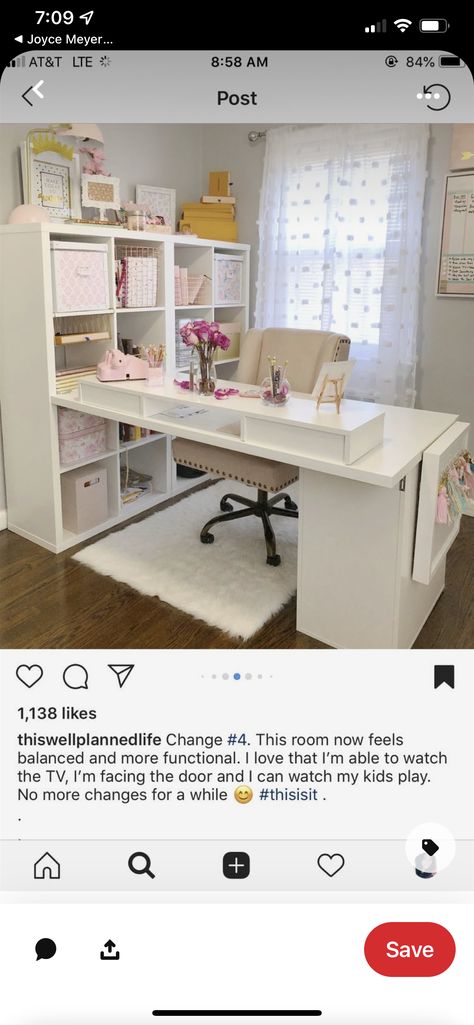 Home Office/craftroom Ideas, White And Gold Craft Room, Vanity And Office Room Ideas, Craft Area In Living Room, Desk Facing Door, Kallax Home Office, Cricut Office Space, L Shape Desk Office Layout Small Spaces, Ikea Small Office