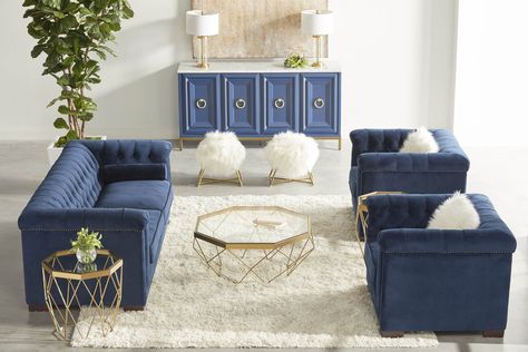 What a pretty way to put up your feet! The Prentiss ottoman is not only extremely comfortable it's also practical. Need an impromptu seat? This faux wool upholstery ottoman is just as comfortable for sitting as it is for relaxing. A brushed gold base is the perfect finishing touch on this transitional ottoman. Blue And Gold Living Room, Style Ottoman, Sofa Dining, Gold Living, Blue Living Room Decor, Sala Grande, Gold Living Room, White Sideboard, Table Art