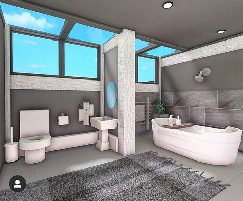 Baños Bloxburg, Bloxburg Tv Codes, 2 Story Layout, Cozy Bloxburg House, Roblox Layout, Bloxburg Small House Layouts, Small Cozy House, Modern Bathroom Design Tile, Roblox Decals