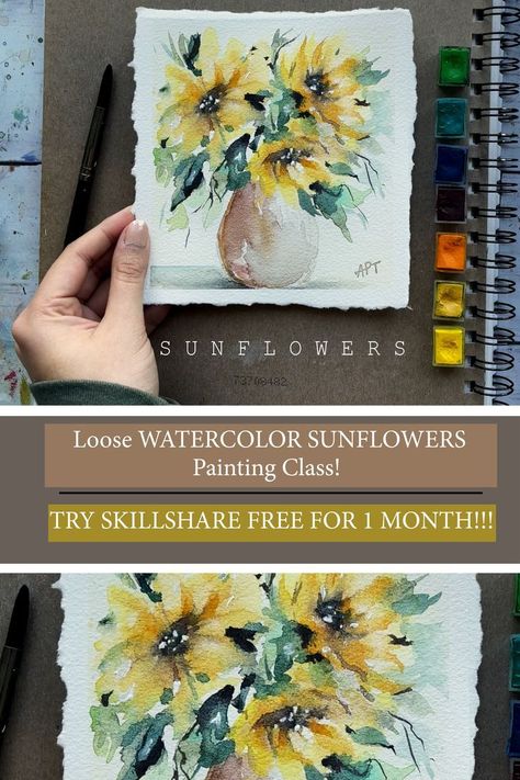 Watercolor Sunflower Tutorial, How To Paint Sunflowers, Watercolour Sunflower, Paint Sunflowers, Arteza Watercolor, Sunflower Tutorial, Expressive Watercolor, Pastel Techniques, Sunflower Watercolor Painting