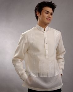 Men's Barong Tagalog                                                                                                                                                      More Silk Cocoon, Beige Embroidery, Barong Tagalog, Filipino Fashion, Simple Wedding Gowns, Wedding Color Combos, Sure Thing, Lace Top Dress, Chinese Collar