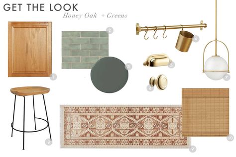 You Asked For It: 5 Color Palettes to Freshen Up a Tired Honey Oak Kitchen - Emily Henderson Green And Honey Oak Kitchen, Cabinets With Green Walls, Honey Oak Bathroom, Kitchen Mood Board Colour Palettes, Oak Kitchen Cabinets Wall Color, Honey Oak Kitchen, Honey Oak Trim, Oak Kitchens, Earthy Kitchen