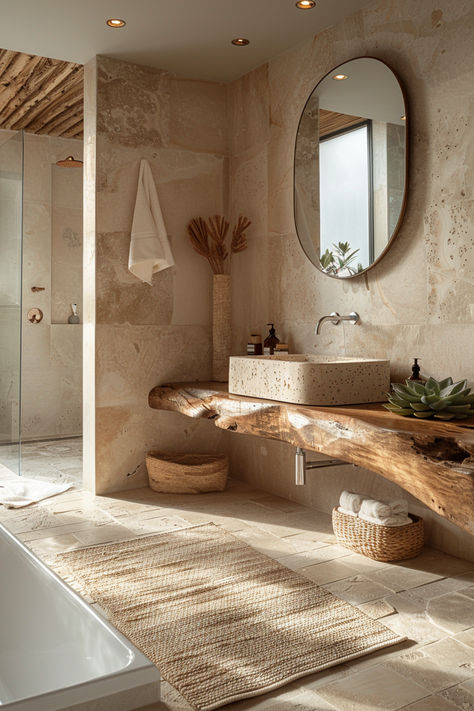 organic modern bathroom, earthy bathroom, beige bathroom, bathroom decor Special Bathroom Design, Earthy Bathroom Design Ideas, European Bathroom Aesthetic, Elegant Neutral Bathroom, Interesting Bathroom Design, Joshua Tree Bathroom, Stone Spa Bathroom, French Organic Modern Decor, Organic House Decor