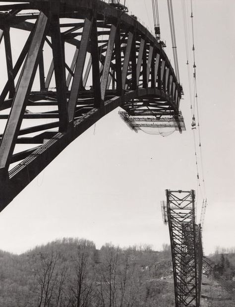 Vintage West Virginia: New River Gorge Bridge construction New River Gorge Bridge, Bridge Construction, New River Gorge, High Tension, New River, The Bridge, West Virginia, Painting Ideas, Under Construction