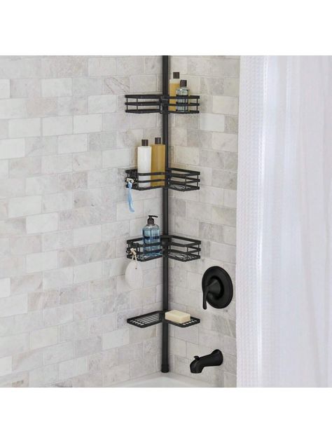 With the Tension Rod Shower Shelf, shower storage and organization have never been easier and more beautiful. Ideal for organizing your shower area, this corner shelf features 3 adjustable baskets designed to store extra-tall and inverted bottles. Sturdy metal construction and rust-resistant coating ensure long-lasting use. Shelf height is adjustable from 5 feet to 9 feet to fit most shower and tub spaces. The Tension Rod Shower Shelf has 3 adjustable storage baskets designed to store extra-larg Bathroom Vanity Stool, Open Showers, Shower Rack, Bamboo Bathroom, Shower Storage, Shower Organization, Small Showers, Tension Rod, Shower Shelves