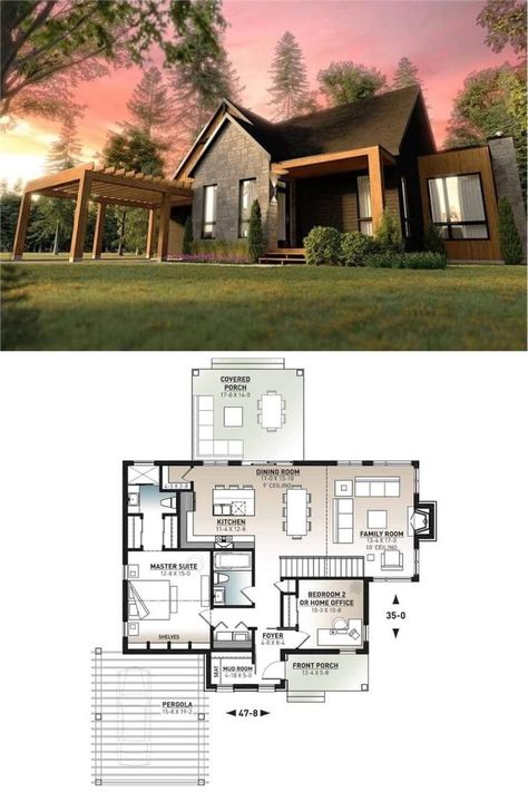 Contemporary Single-Story 2-Bedroom Ranch with Open Concept Living (Floor Plan) 2 Bedroom Ranch House Plans, Southern Cottage House Plans, Cabin Style Home, 1500 Sq Ft House, 2 Bedroom Floor Plans, Small Modern House Plans, Bedroom Traditional, Little House Plans, Basement Floor Plans