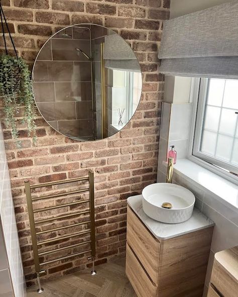 What a beautiful and homely space, a wonderful bathroom showing you don’t even need a lot of brick slips to make a huge impression. . #brickslips #bathroomdesign #interiors Brick Slips Bathroom, Brick In Bathroom, Brick Bathroom, Downstairs Toilet, Bathroom Design, Design