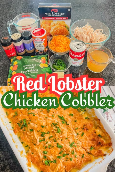 Easy Red Lobster Chicken Biscuit Cobbler Recipe - Our Crow's Nest Gluten Free Chicken Pot Pie Red Lobster, Viral Chicken Cobbler Recipe, Red Lobster Chicken Cobbler Casserole, Chicken Red Lobster Biscuit Bake, Chicken Pot Pie Recipe Red Lobster, Red Lobster Casserole, Chicken Cobbler With Red Lobster Biscuit, Red Lobster Biscuit Chicken Cobbler, Red Lobster Biscuit Casserole Recipes