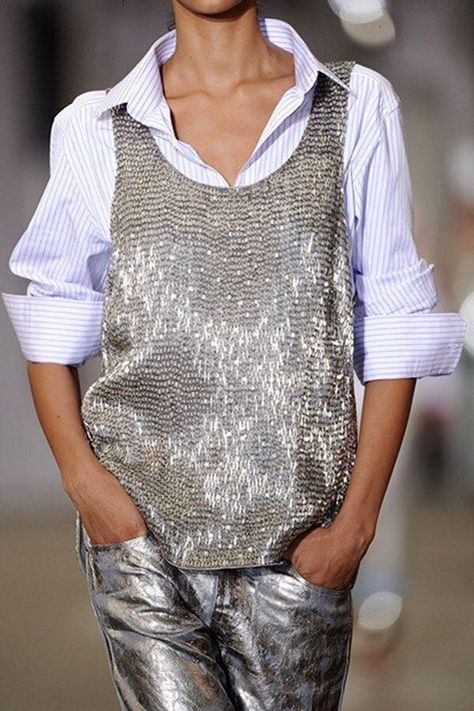 Sequin Vest, Silver Pants, Style Casual Chic, 가을 패션, Looks Style, Mode Inspiration, Preppy Outfits, Outfits Casuales, Look Fashion