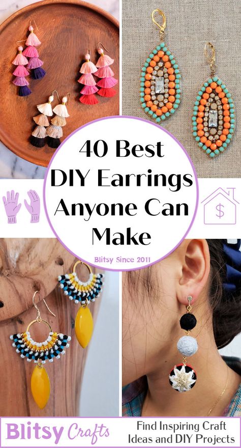 40 Best DIY Earrings Anyone Can Make Yarn Ball Earrings, How To Earrings, Simple Diy Earrings Ideas, Making Jewelry For Beginners Earrings, Diy Earring Charms, Diy Beaded Crafts, Trending Diy Jewelry, Diy Earring Designs, Easy Beading Patterns Free