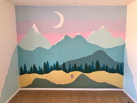 Mountain Bedroom Mural, Night Sky Mountain Mural Nursery, Mountain Mural Painting, Easy Mountain Mural, Curb Numbers, Basement Mural, Diy Mountain Mural, Mountain Wall Painting, Desert Mural