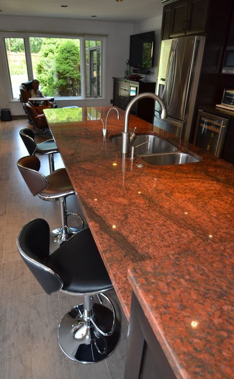 Stunning Red Dragon granite island. Lyptus cabinets. This is another kitchen where a large room was created from 2 awkward ones. Open evenings and weekends! Sunday Kitchen & Bath 156 Gibbs St. Rockville, MD 20850  240.314.7011  sundaykitchenandbath.com Wine Red Kitchen, Red Granite Kitchen, Red Granite Countertops, Yes We Are Open, Room Tiles Design, Contemporary Kitchen Remodel, Kitchen Slab, Red Granite, Granite Island