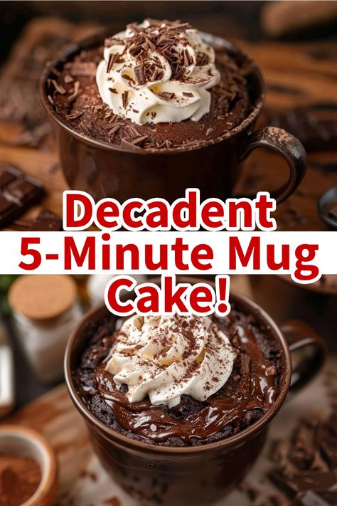 Brown mugs filled with rich chocolate fudge mug cake topped with whipped cream and chocolate shavings. Dark Chocolate Mug Cake, Easy Chocolate Cake In A Mug, Hot Chocolate Cake In A Mug, Chocolate Fudge Mug Cake, Mug Cake Ideas, Choc Mug Cake, Chocolate Mug Cake Microwave, Mug Chocolate Cake, Chocolate Brownie Mug Cake