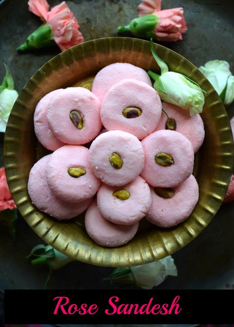 Rose Sandesh - An Indian Dessert! - Sandesh is an all-time favorite Bengali Sweet & here's how you can prepare this rose flavored Indian dessert at home with paneer. A no-cook festive recipe! #dessert #Indian #rose #sandesh #festivefood #holidayrecipes Bengali Food, Diwali Sweets, Rose Flavored, Indian Dessert, Sweet Recipe, Easy No Bake Desserts, Indian Dessert Recipes, Indian Sweet, Indian Desserts