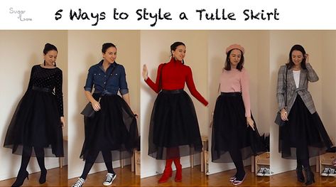 5 Ways to Style a Tulle Skirt - SUGAR LANE Black Tulle Skirt Outfit Winter, How To Style A Black Tulle Skirt, Styling Tulle Skirt Outfit, Long Tulle Skirt Outfit Formal, Tulle Skirt With Boots, Black Tulle Skirt Outfit Classy, Plus Size Tulle Skirt Outfit, Tulle Midi Skirt Outfit, Tulle Maxi Skirt Outfit