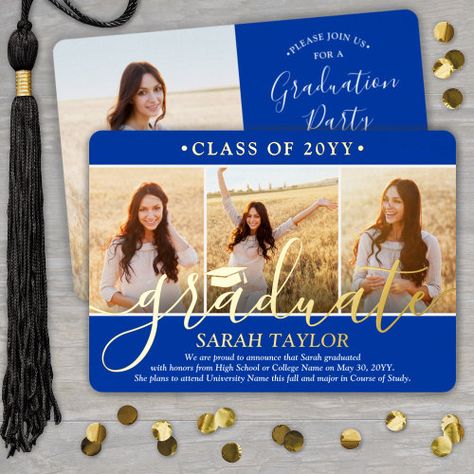 4 Photo Graduation Party Royal Blue White And Gold Foil Invitation #zazzle #weddinginvitations #birthdayinvitations #babyshowerinvitations #zazzleinvitations #monogram #businesscards #graduation #homedecor Graduation Party Purple, Graduation Invitation Cards, Graduation Invitations High School, Gold Graduation Party, Gold Foil Invitation, Graduation Invitation, Royal Blue And Gold, Foil Invitations, Graduation Celebration