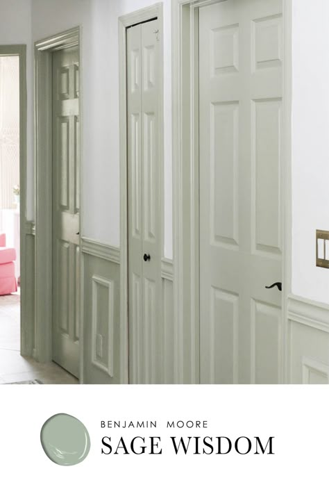 Light Green Interior Doors, Olympic White Sage Paint, White Sage Olympic Paint, Green Walls With Black Doors, Painted Kitchen Doors Interior, Sage Doors Interior, Internal Doors Painted, Sage Interior Doors, White House Sage Shutters