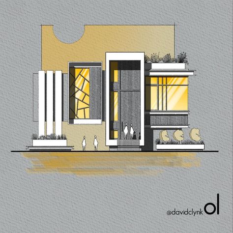 Villa Elevation Drawing, Villa Front Elevation Design, Small Residence Elevation, Residence Facade Design, Entrance Design Architecture, Elevation Design Drawing, Entrance Arch Design, Modern House Drawing, Door Entrance Design