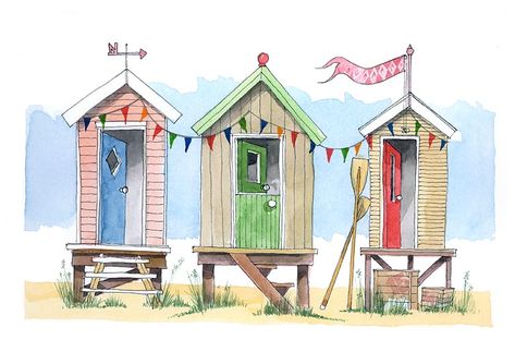 Hut Sketch, Beach Huts Art, British Beaches, Seaside Art, British Seaside, Beach Illustration, Building Drawing, Diy Watercolor Painting, Beach Huts