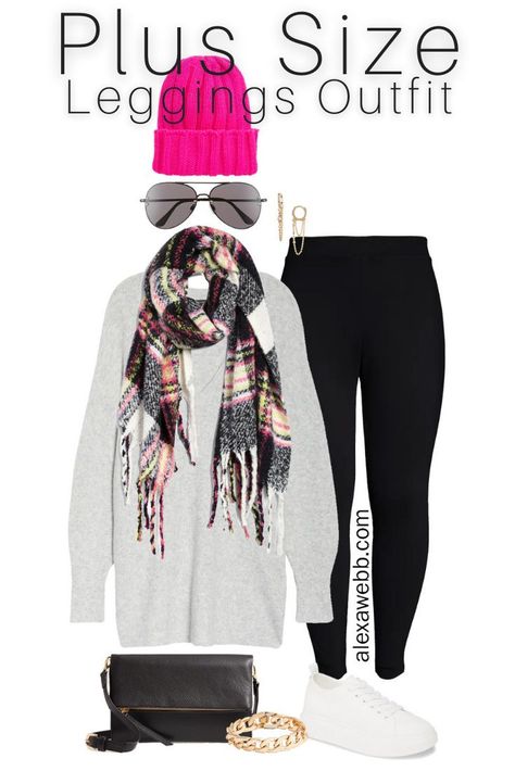 Plus Size Leggings Outfit Ideas with black ponte leggings, tunic sweater, white sneakers, plaid scarf, and neon beanie - Alexa Webb #plussize #alexawebb Cute Plus Size Legging Outfits, Winter Leggings Outfit Plus Size, Black Leggings Outfit Casual Sneakers, Sweater Leggings Sneakers, Plus Size Winter Outfits Cold Weather Black Leggings, Plus Size Athleisure Outfits Fall, Plus Size Leggings Outfit Winter, Casual Winter Outfits Comfy Leggings, Plus Size Leggings Outfit Casual