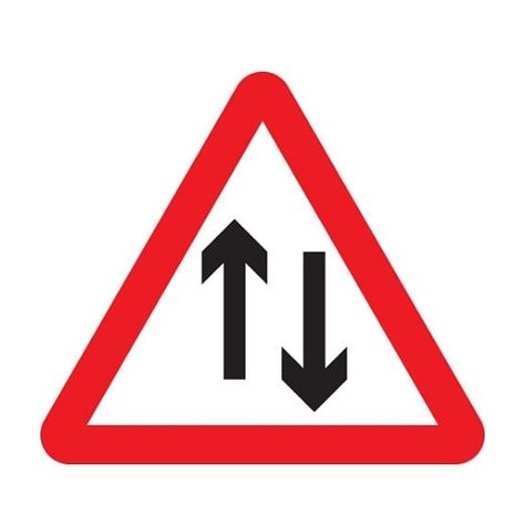 Two-way traffic’ sign  Sometimes you’ll see a red triangular sign with two black arrows pointing in opposite directions. These are used to make you aware that you’re about to leave a separated one-way street and enter a two-way road. If the arrows are positioned vertically, it means two-way traffic straight ahead. You should keep to the left-hand side of the road and be aware of oncoming traffic. If they’re horizontal, it indicates that you’ll have to turn either left or right to join Road Safety Signs, Traffic Mirrors, Pvc Banner, Give Directions, Business Stories, Traffic Signs, Swot Analysis, Road Safety, Traffic Light