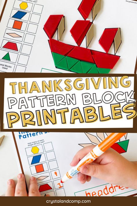 Thanksgiving Pattern Block Printables Pattern Block Printables, Pattern Block Templates, Thanksgiving Pattern, Blocks Preschool, Shapes Kindergarten, Thanksgiving Books, Kindergarten Math Games, November Crafts, Block Area