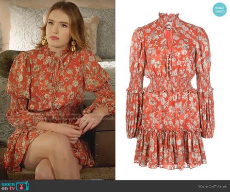 Kirby’s red floral tie neck mini dress on Dynasty. Outfit Details: https://wornontv.net/239972/ #Dynasty Dynasty Closet, Dynasty Fashion, Kay Kay, Dynasty Outfits, Beauty Wishlist, Rebecca De Ravenel, Arab Wedding, Brown Dress, Latest Outfits