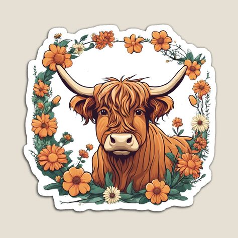 Get my art printed on awesome products. Support me at Redbubble #RBandME: https://www.redbubble.com/i/magnet/Bohemian-Highland-Cow-by-RedRosePress/162262932.TBCTK?asc=u Highland Cow With Flower Crown, Cow With Flower Crown, Highland Cow Sticker, Car Sticker Ideas, Crown Sticker, Cute Highland Cow, Flower Magnets, Bohemian Flowers, Sticker Ideas