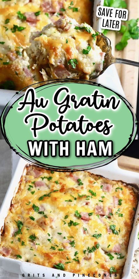 Easy au gratin potatoes and ham is a classic recipe, full of cheesy potato goodness and ham. Not only is it comfort food at its finest, but it also solves the age-old question of what to do with leftover ham. Make this dish for a spring celebration or brunch. It's sure to be delicious! Au Gratin Potatoes And Ham, Ham Recipes Easy, Best Au Gratin Potatoes, Easy Au Gratin Potatoes, Au Gratin Potatoes Easy, Potatoes With Ham, Potatoes And Ham, Ham Dishes, Au Gratin Potatoes