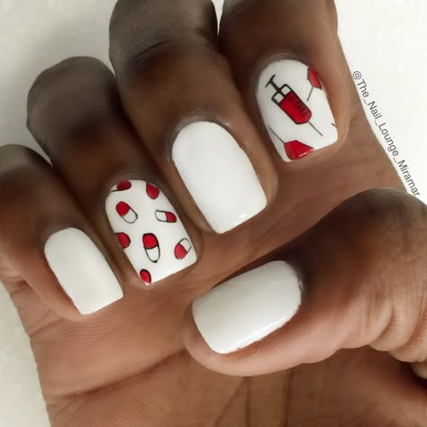 Nurse nail art design Pharmacy Nails Design, Nurse Nails Designs, Phlebotomy Nails, Doctor Nails Design, Phlebotomist Nails, Nursing Nails Designs, Short Nails For Nurses, Nails For Nurses, Medical Nails