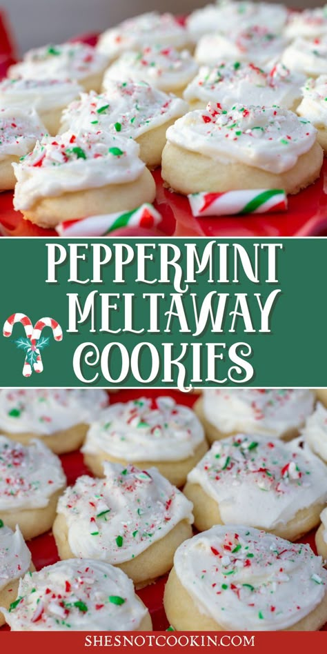 Peppermint meltaway cookies on red plate. Best Easy Christmas Cookie Recipes, Cookies For The Holidays, Easy Christmas Cookies No Bake, Easy Christmas Cookies Recipes Holiday, Easy Cookie Exchange Cookies, Peppermint Chip Cookies, Christmas Cookie Baking, Easy Unique Christmas Cookies, Christmas Cookies And Treats